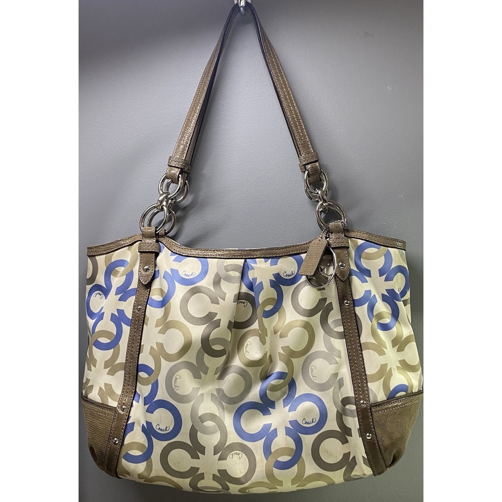 COACH ALEXANDRA CHAIN LINK CLOVER SIGNATURE C SHOULDER BAG- Tan&blue Needs Clean - Picture 4 of 16